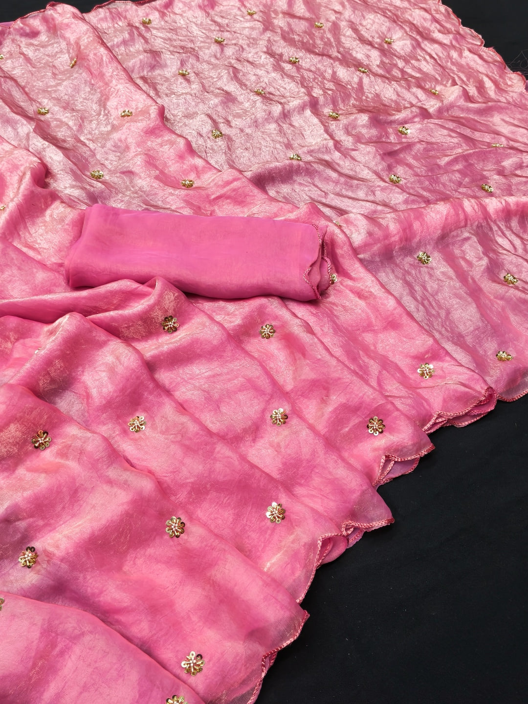 Peachmode Pink Fendy Satin Saree With Beads Work - Image 5
