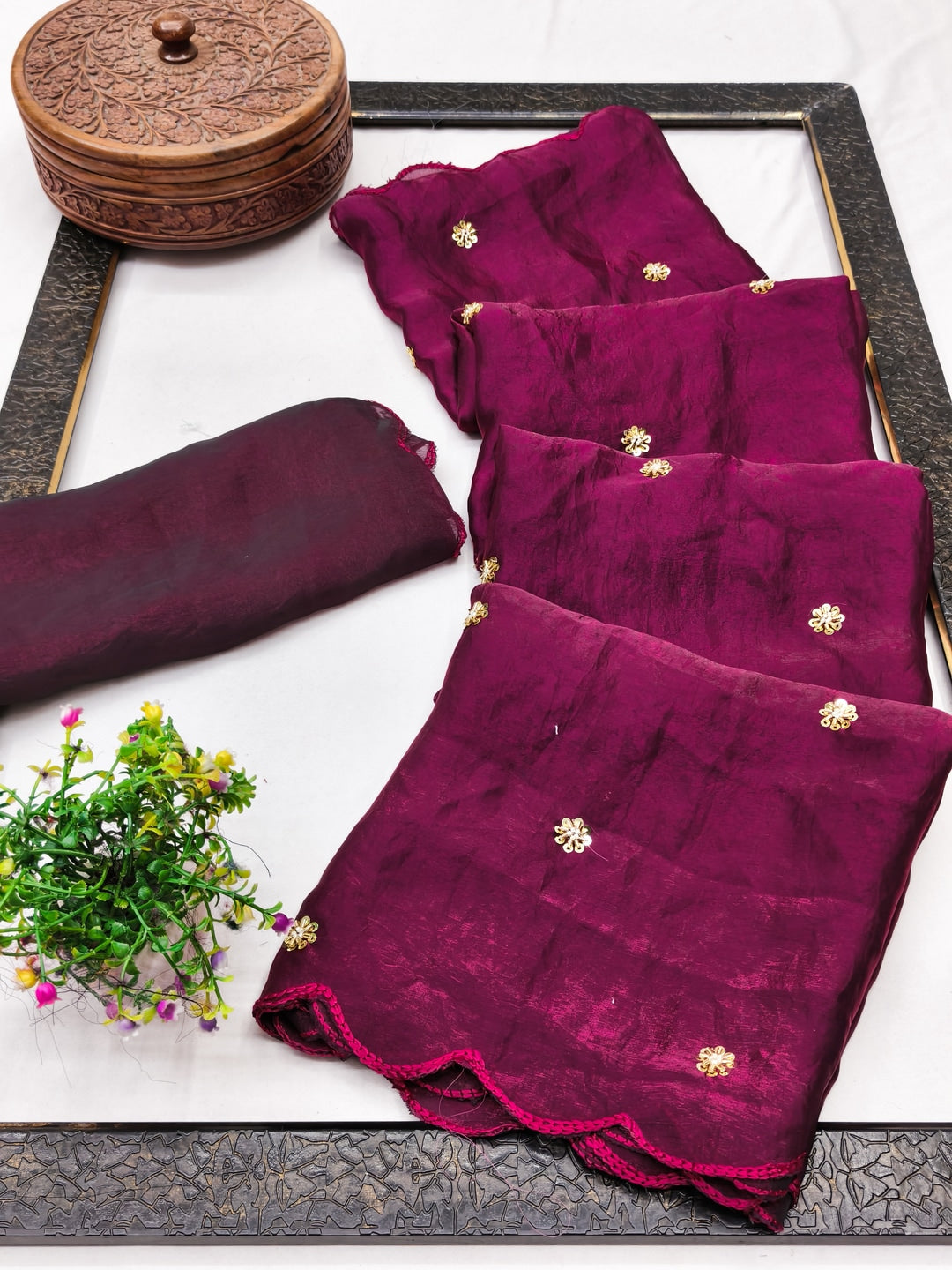 Peachmode Magenta Fendy Satin Saree With Beads Work - Image 4