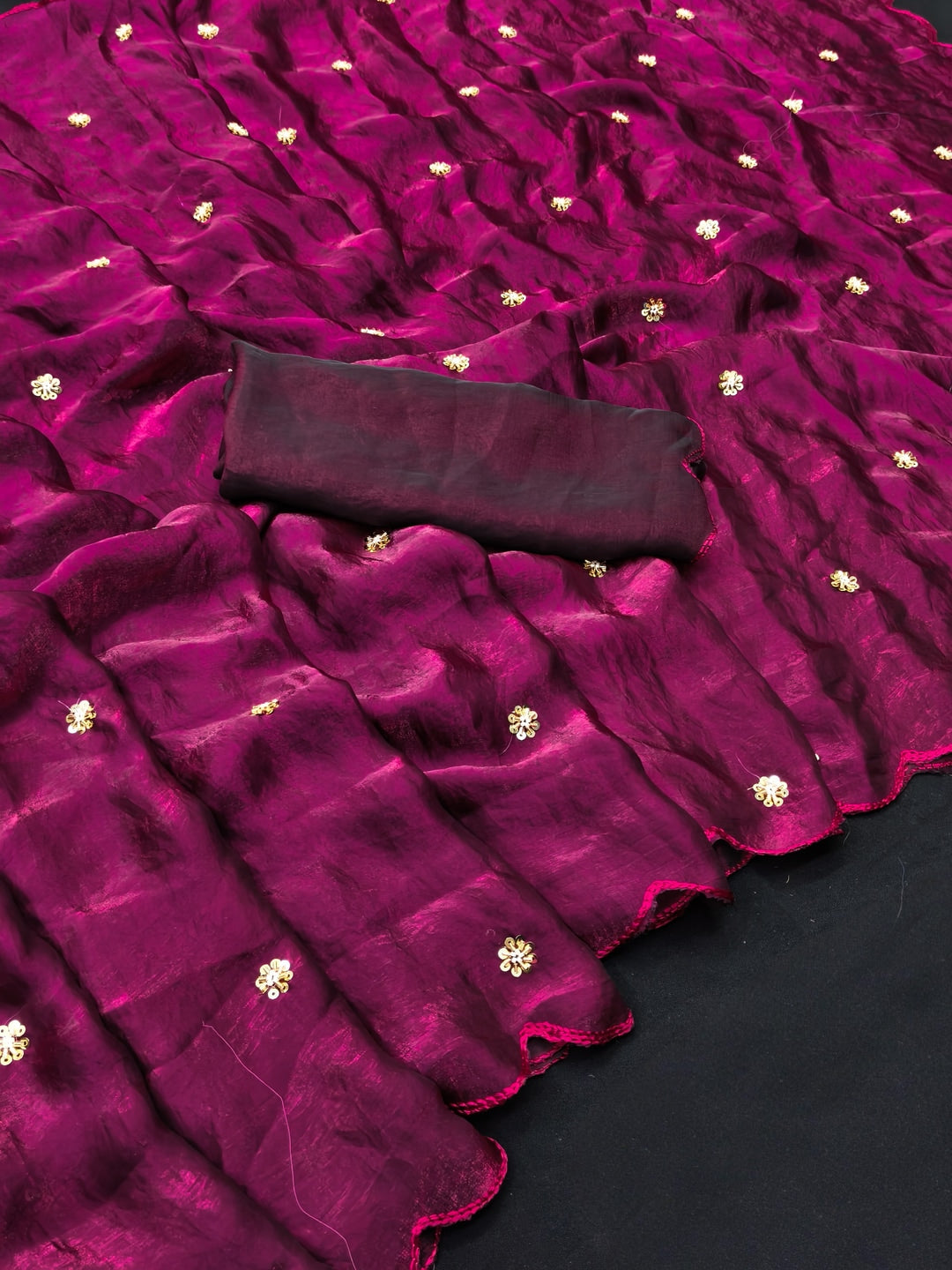 Peachmode Magenta Fendy Satin Saree With Beads Work - Image 5