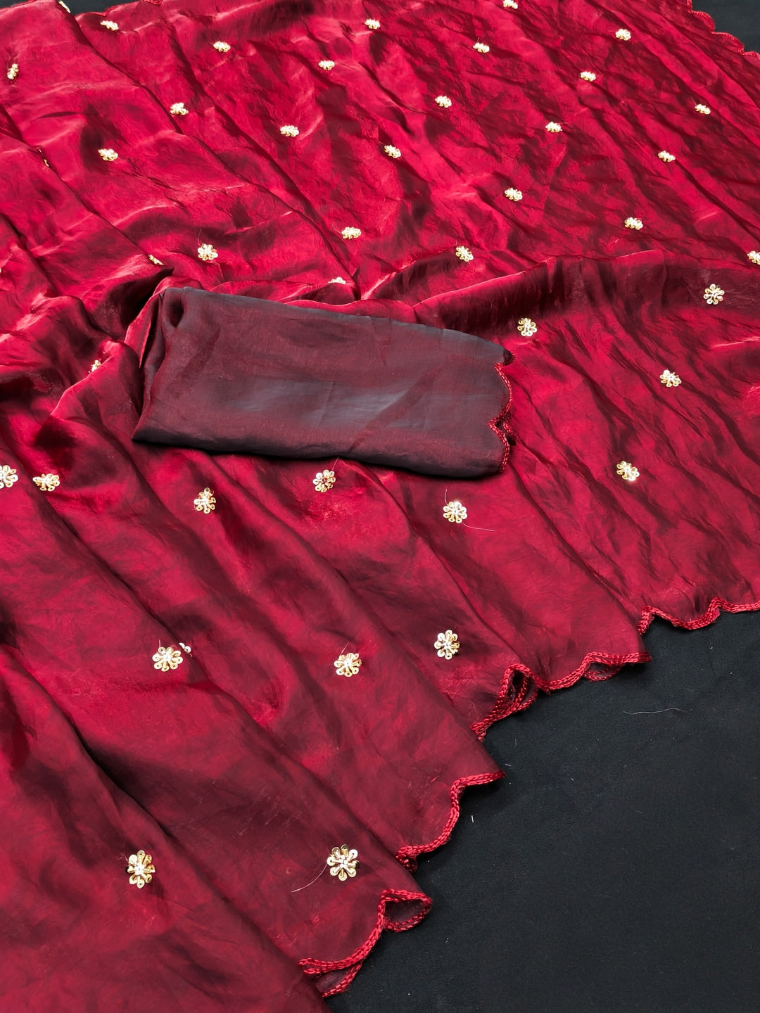 Peachmode Red Fendy Satin Saree With Beads Work - Image 5