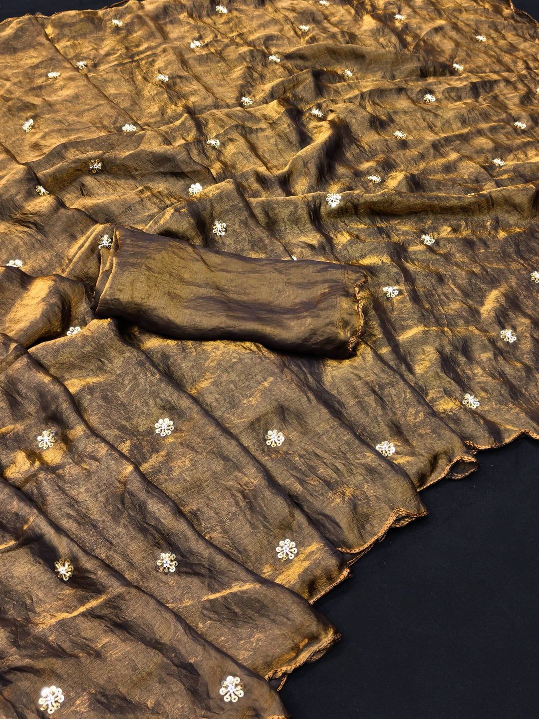 Peachmode Gold Fendy Satin Saree With Beads Work - Image 5