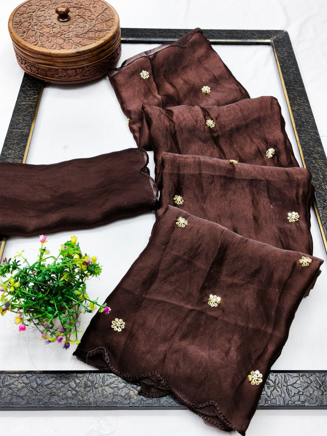 Peachmode Brown Fendy Satin Saree With Beads Work - Image 4
