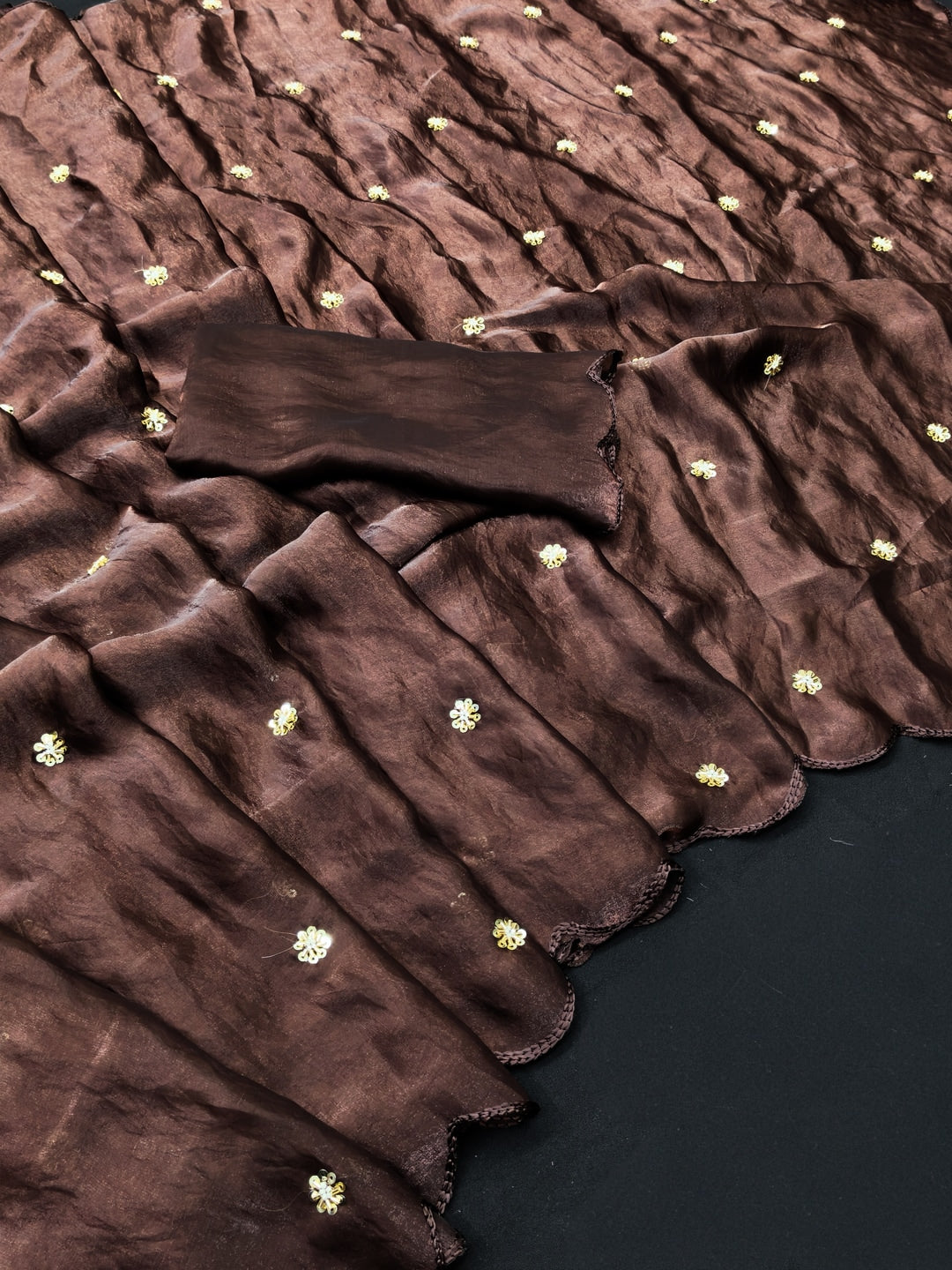 Peachmode Brown Fendy Satin Saree With Beads Work - Image 5
