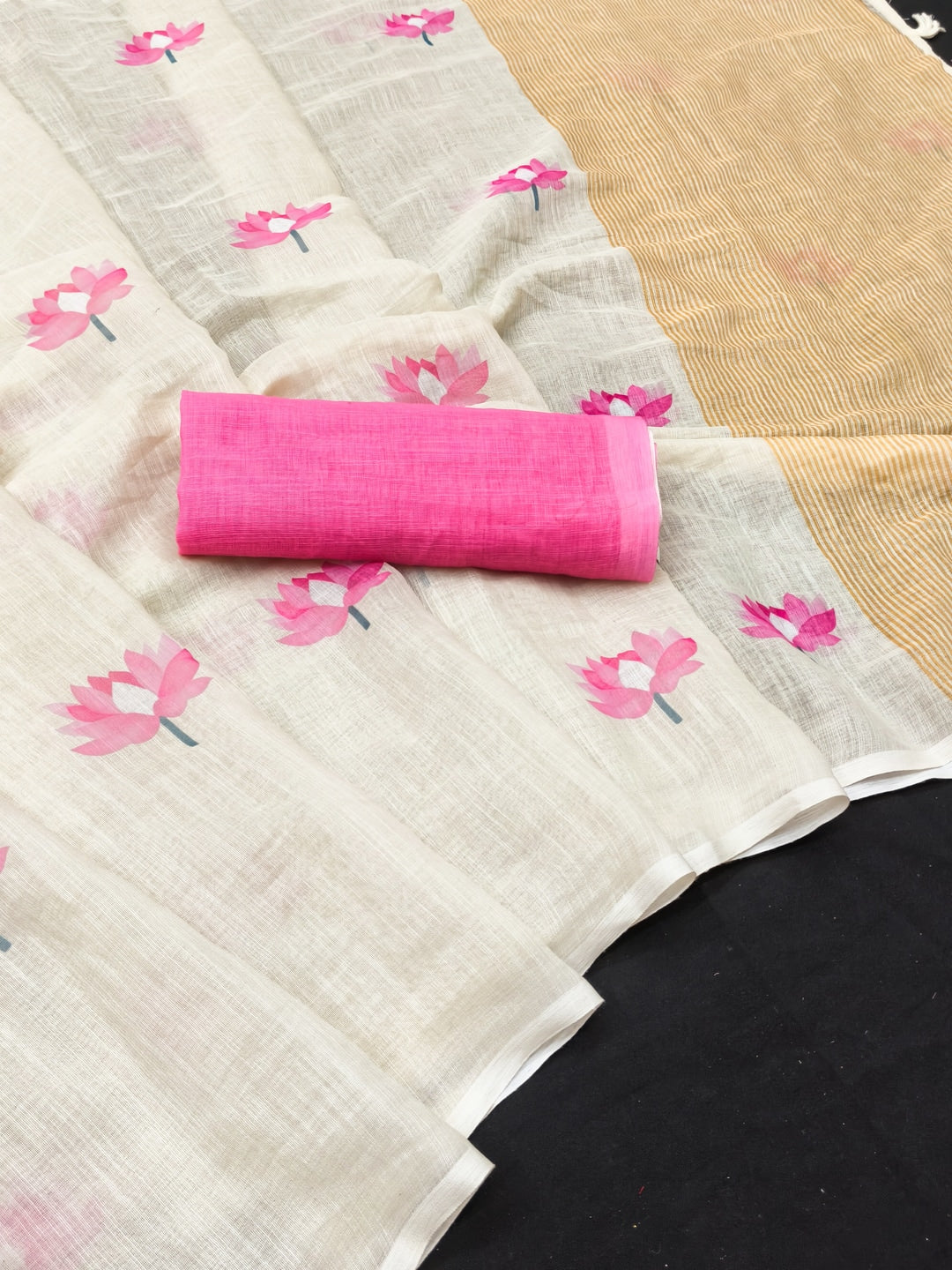Peachmode Offwhite Lotus Printed Linen Saree - Image 5