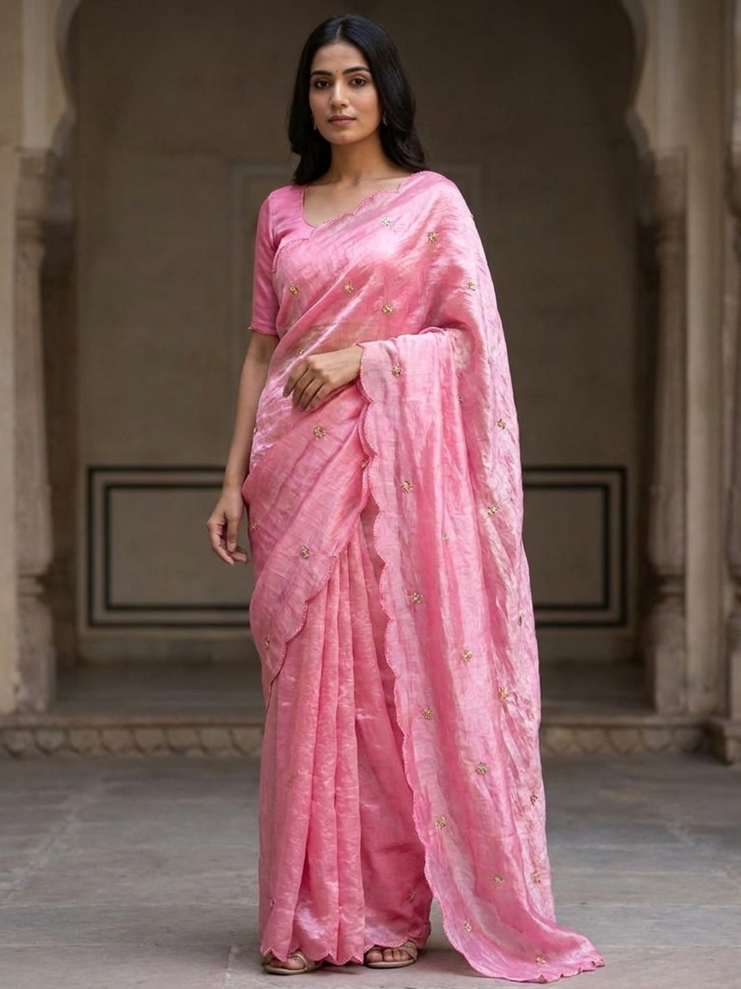 Peachmode Pink Fendy Satin Saree With Beads Work - Image 1