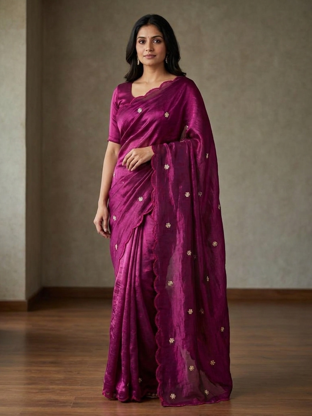 Peachmode Magenta Fendy Satin Saree With Beads Work - Image 1