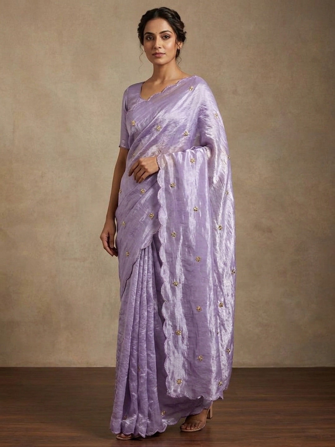 Peachmode Lavender Fendy Satin Saree With Beads Work - Image 1