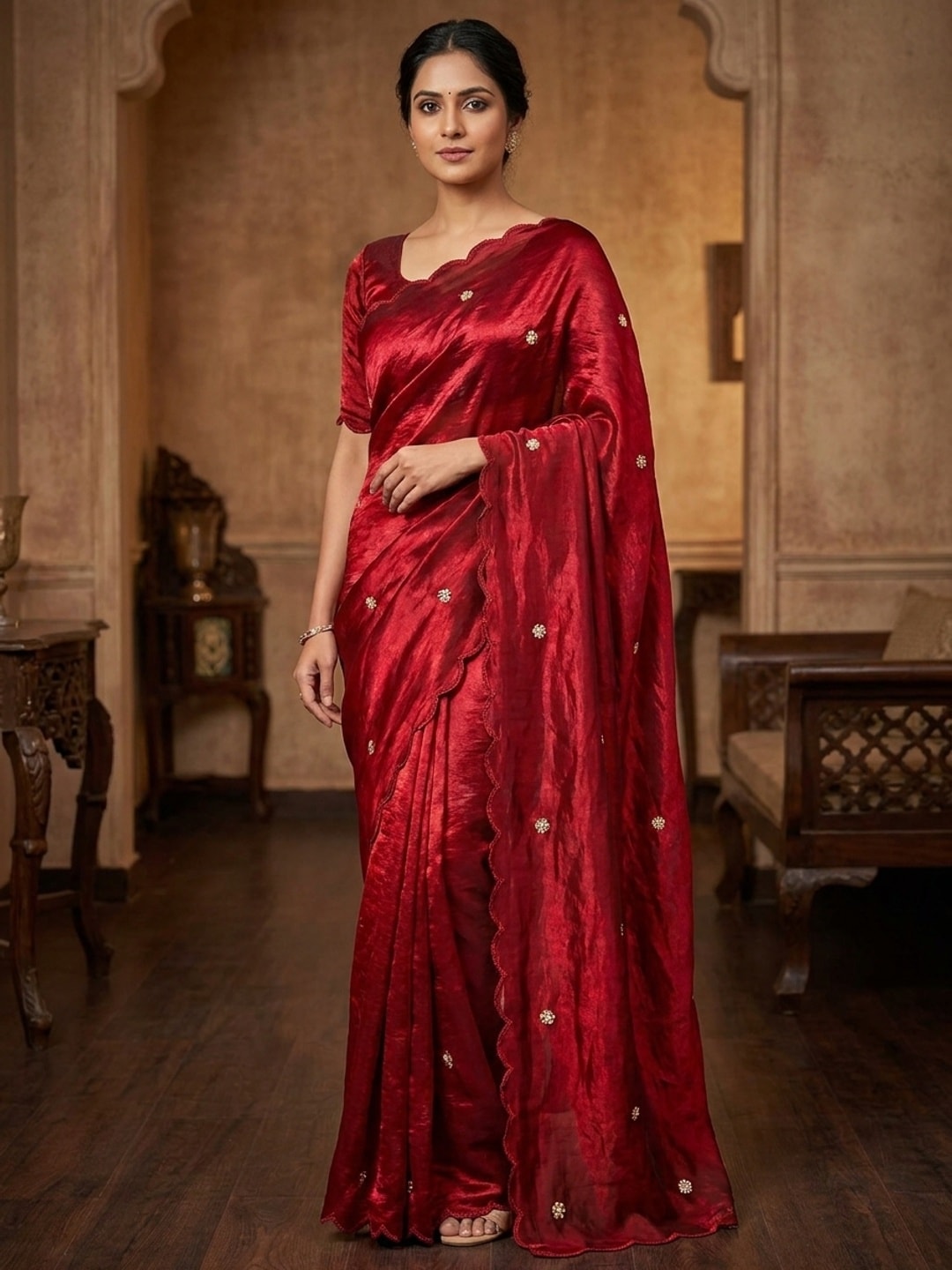Peachmode Red Fendy Satin Saree With Beads Work - Image 1