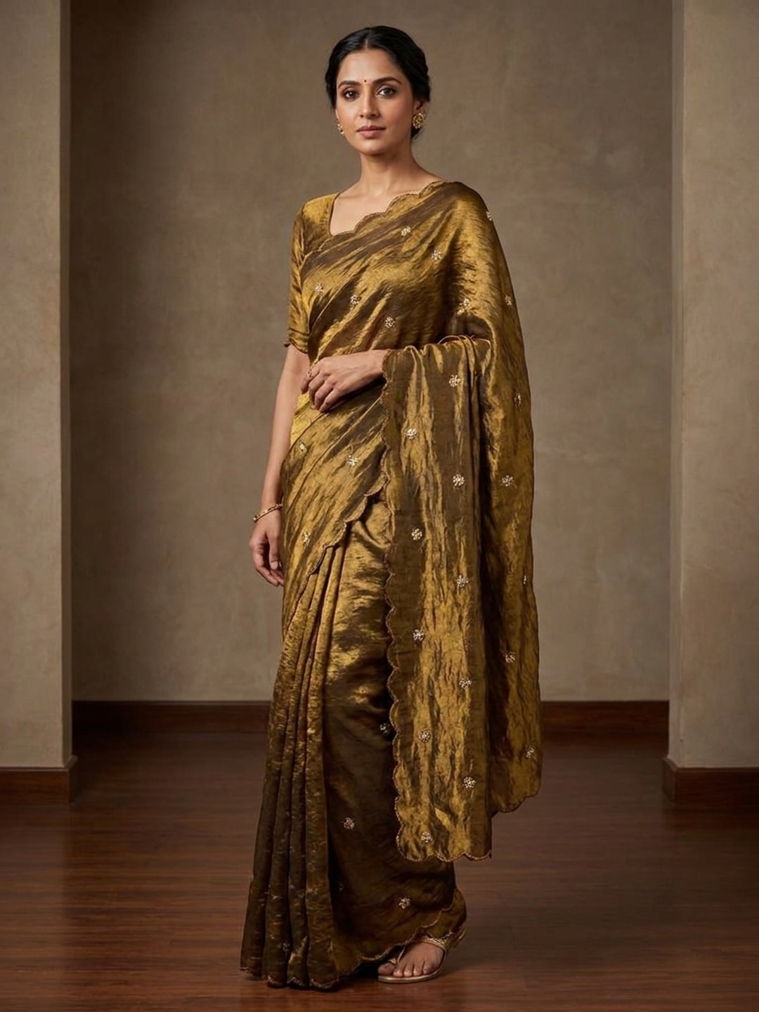 Peachmode Gold Fendy Satin Saree With Beads Work - Image 1