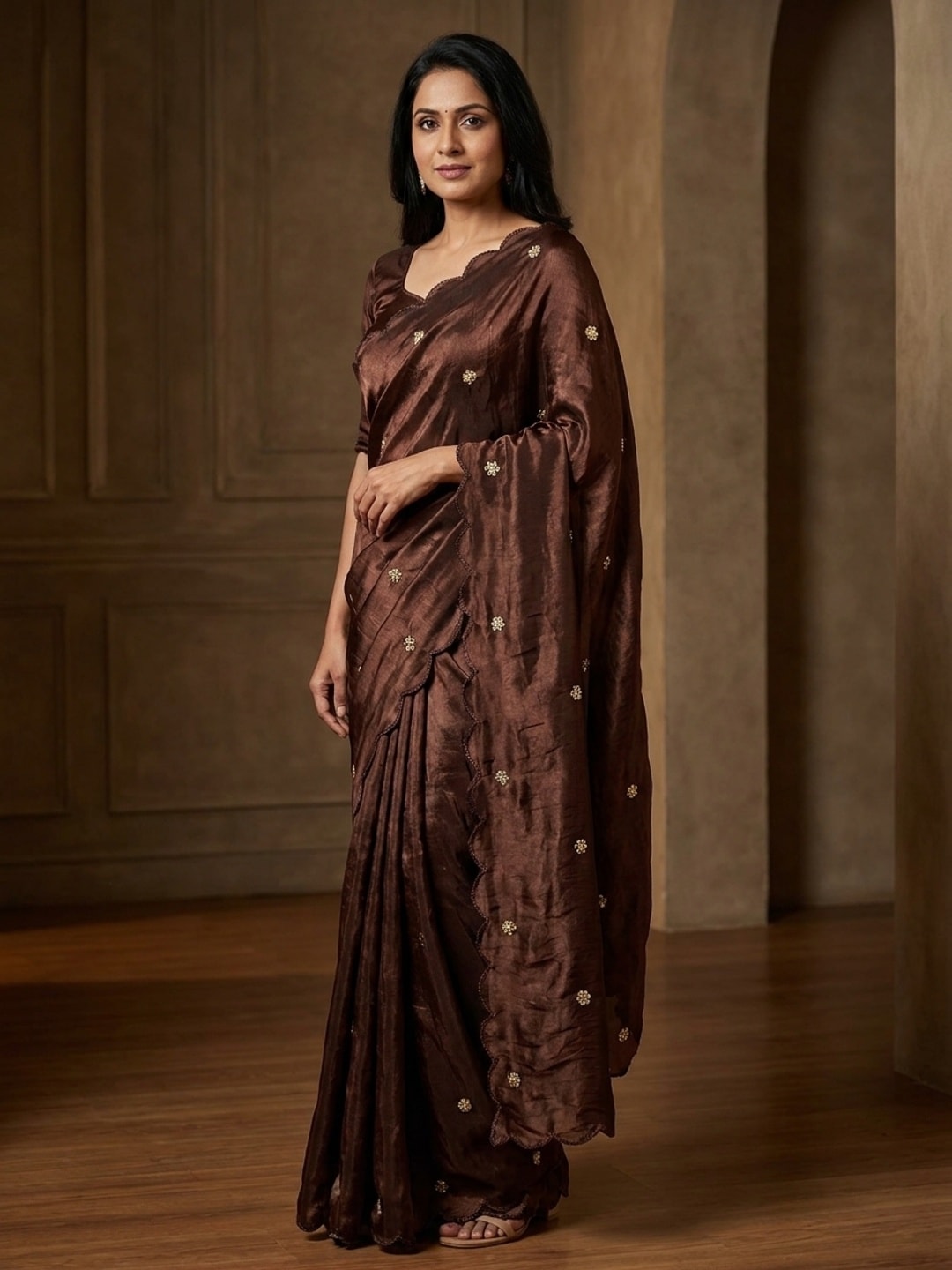 Peachmode Brown Fendy Satin Saree With Beads Work - Image 1