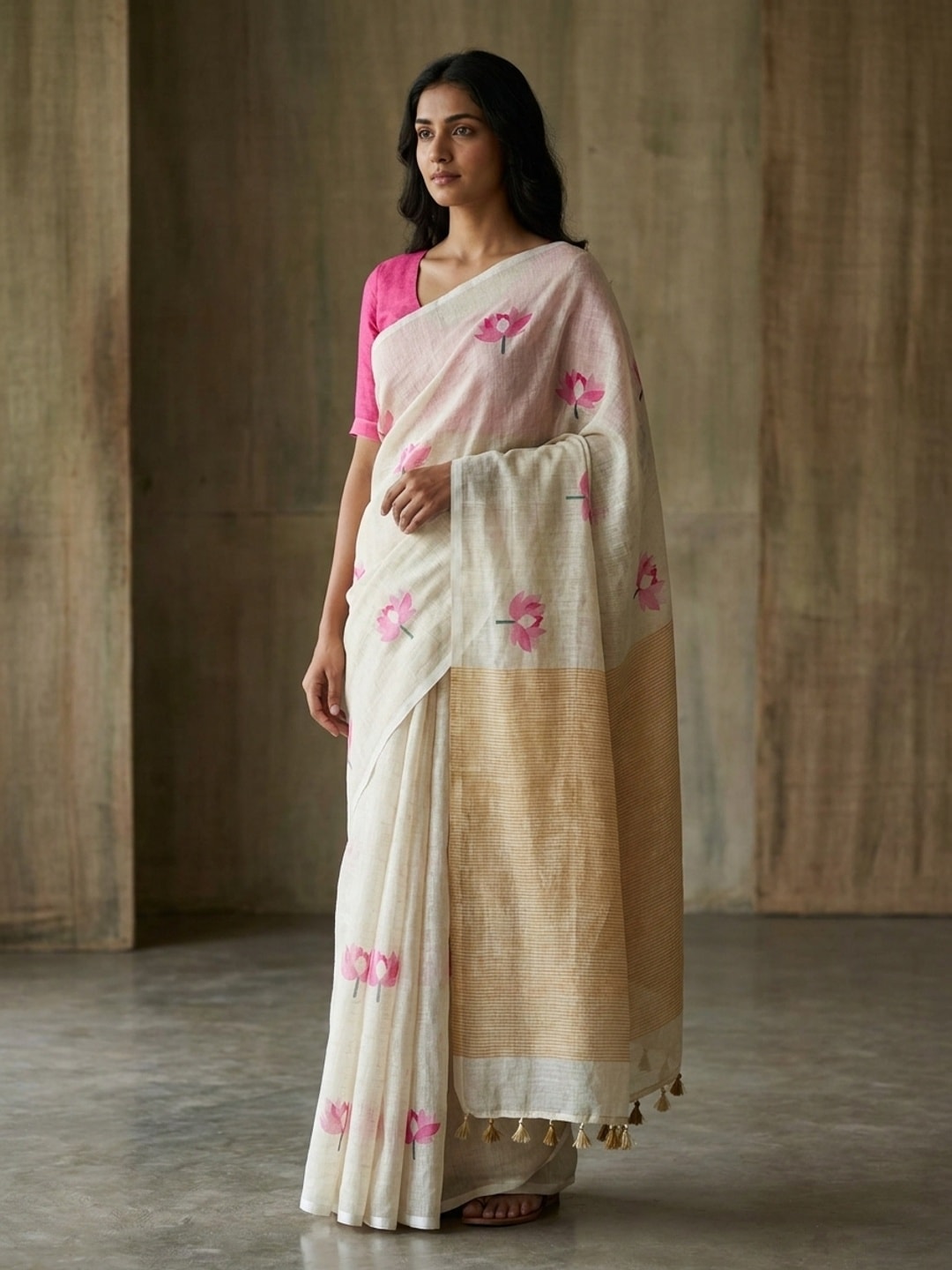 Peachmode Offwhite Lotus Printed Linen Saree - Image 1