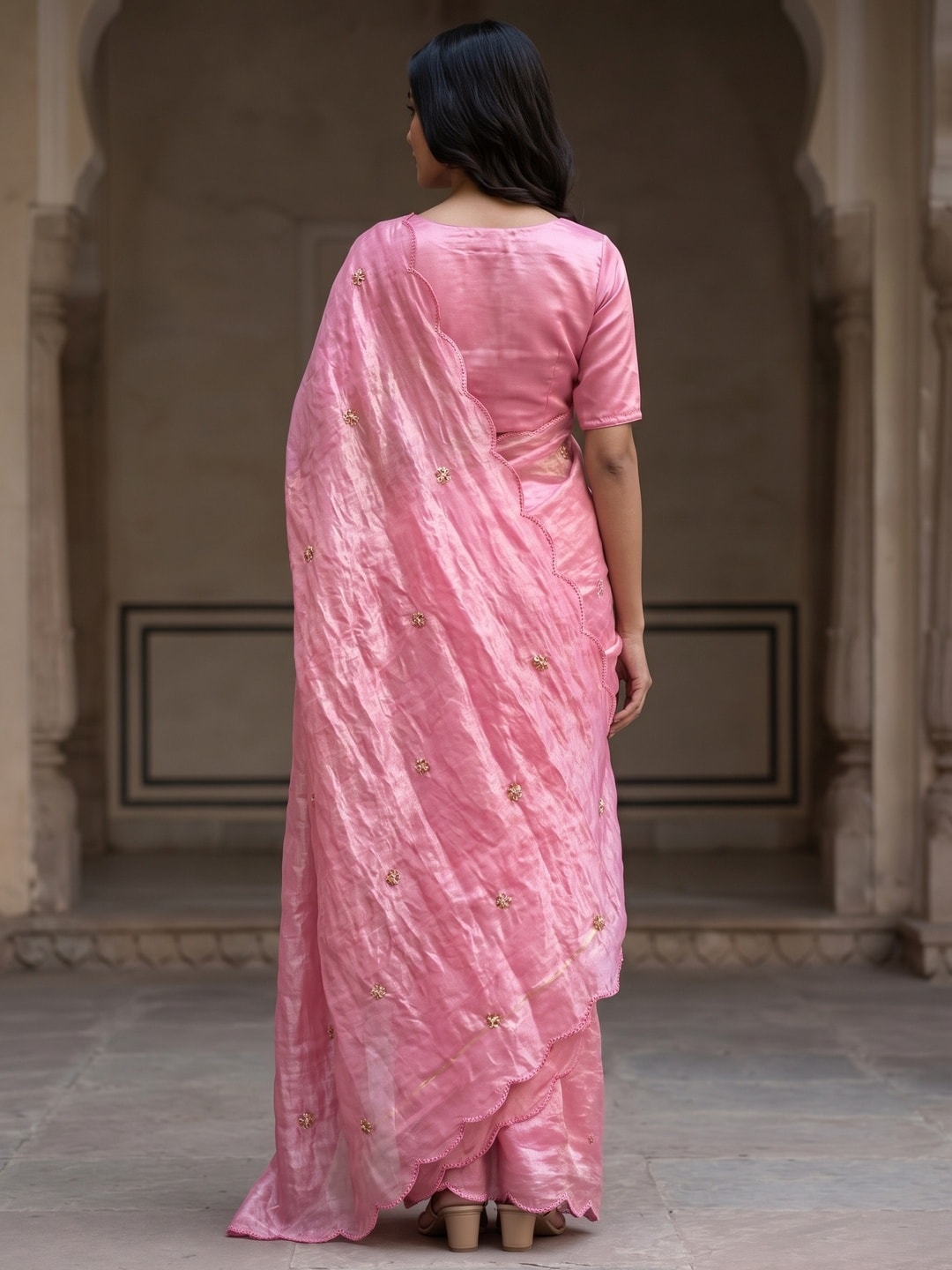 Peachmode Pink Fendy Satin Saree With Beads Work - Image 2