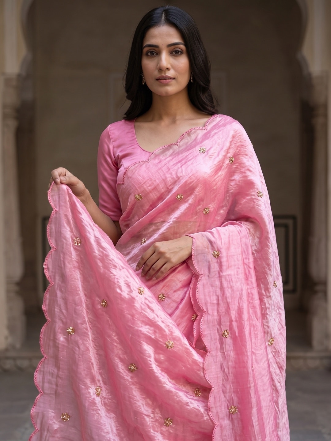 Peachmode Pink Fendy Satin Saree With Beads Work - Image 3