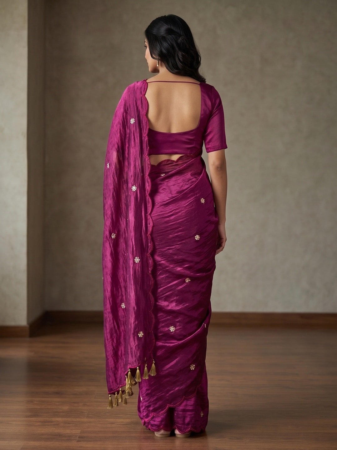 Peachmode Magenta Fendy Satin Saree With Beads Work - Image 2
