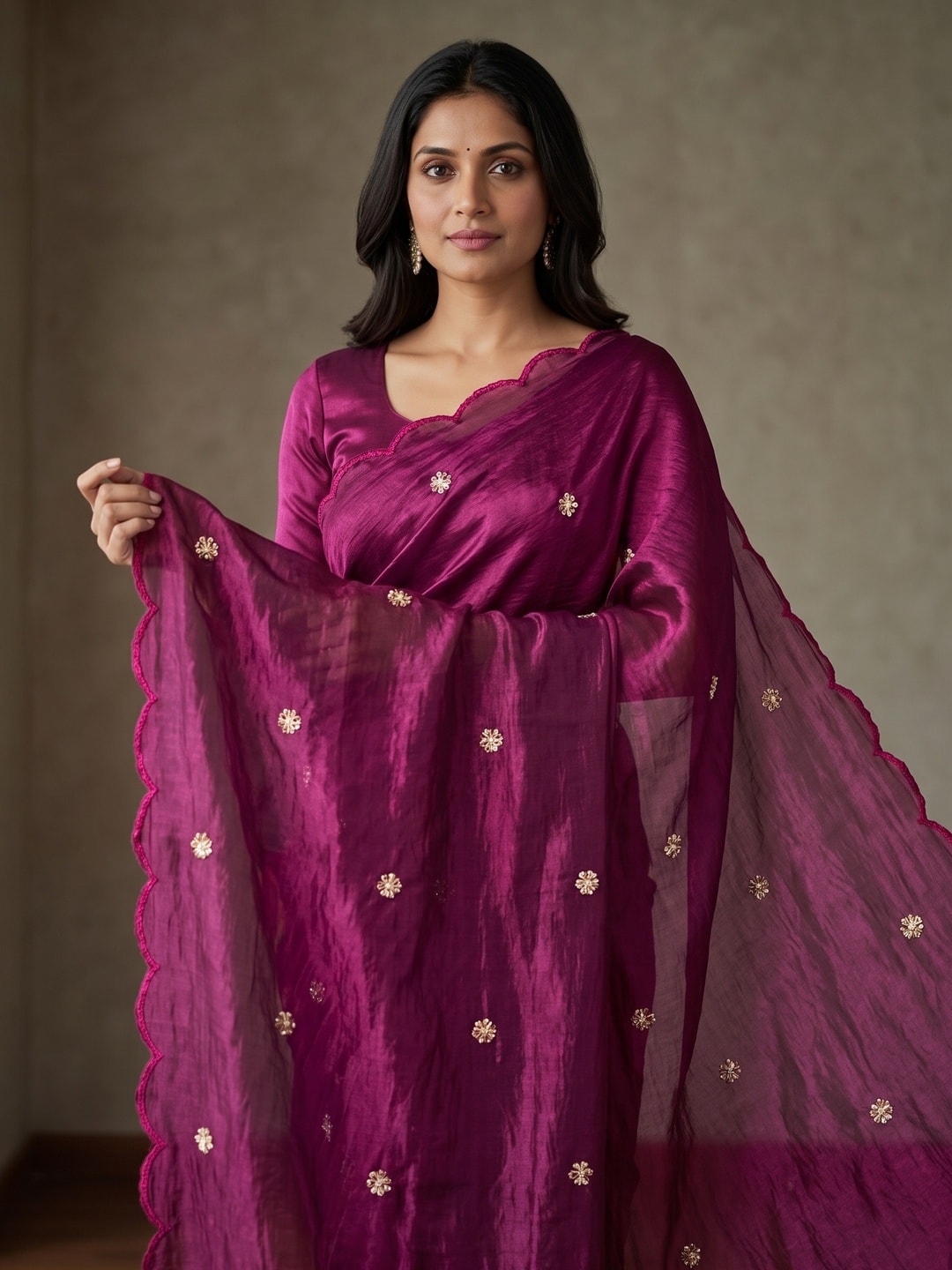 Peachmode Magenta Fendy Satin Saree With Beads Work - Image 3