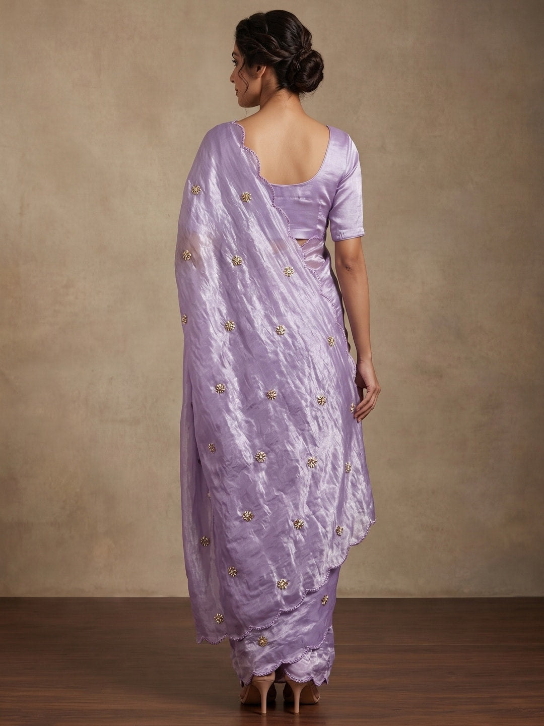 Peachmode Lavender Fendy Satin Saree With Beads Work - Image 2