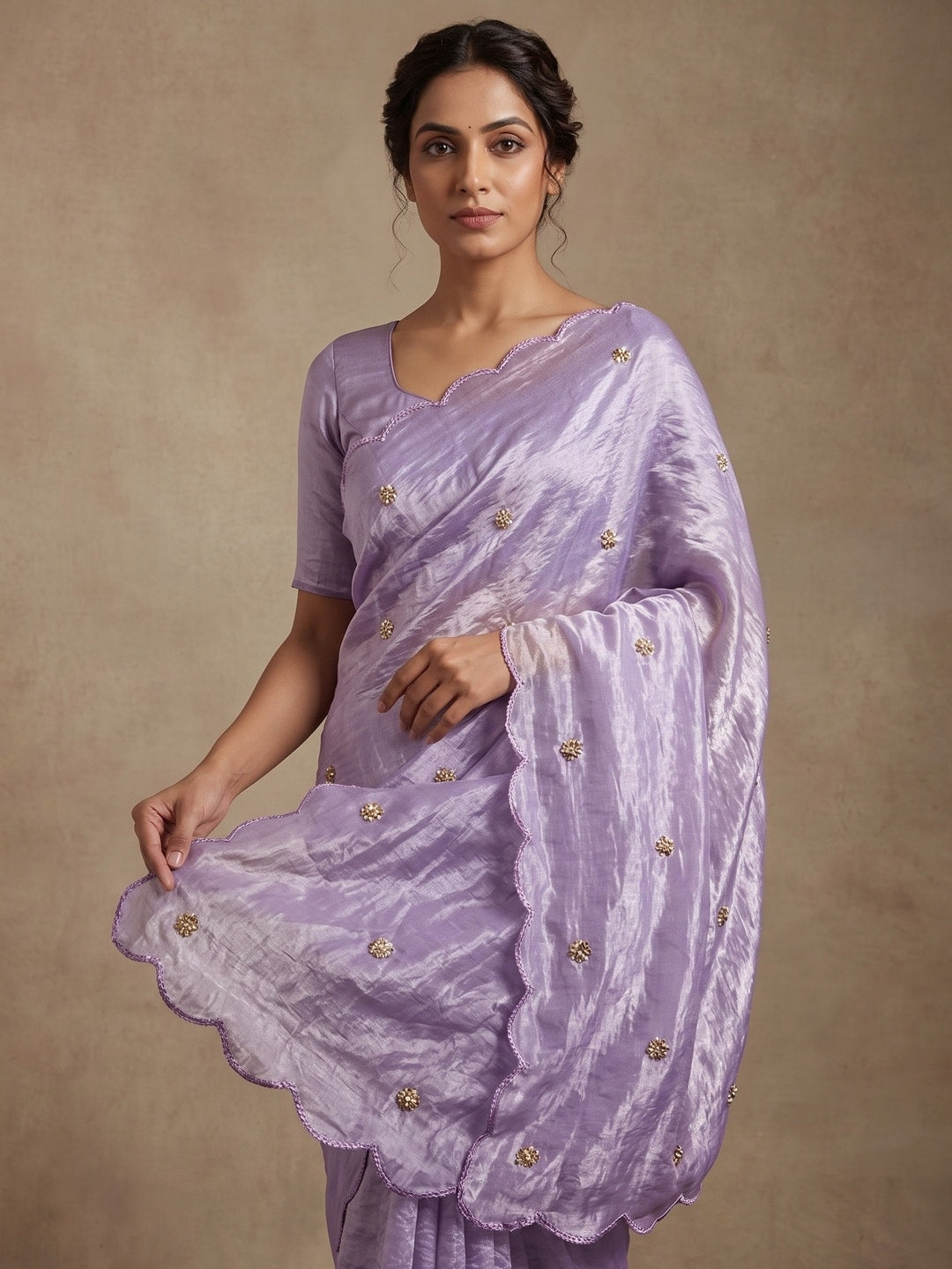 Peachmode Lavender Fendy Satin Saree With Beads Work - Image 3