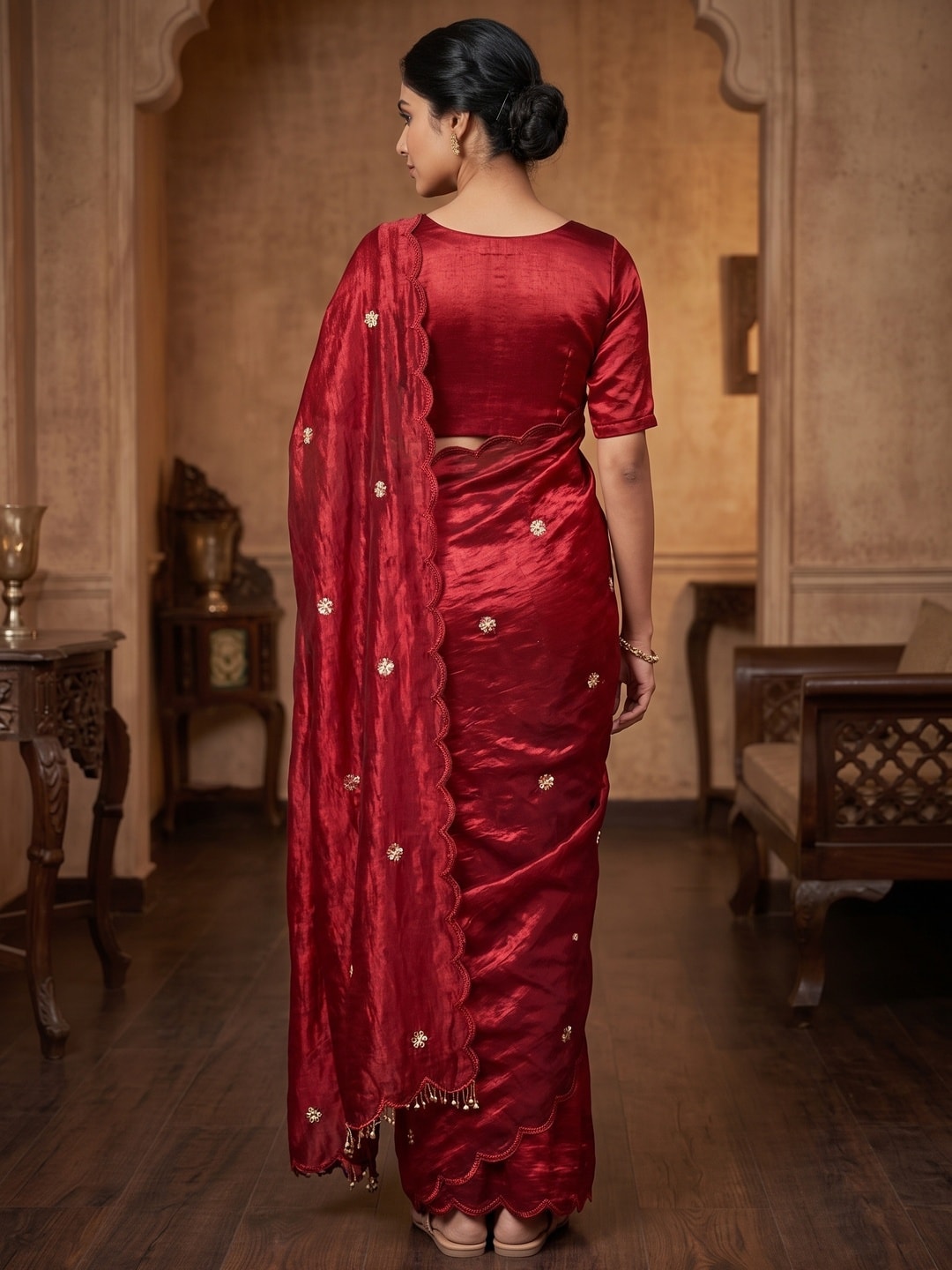 Peachmode Red Fendy Satin Saree With Beads Work - Image 2