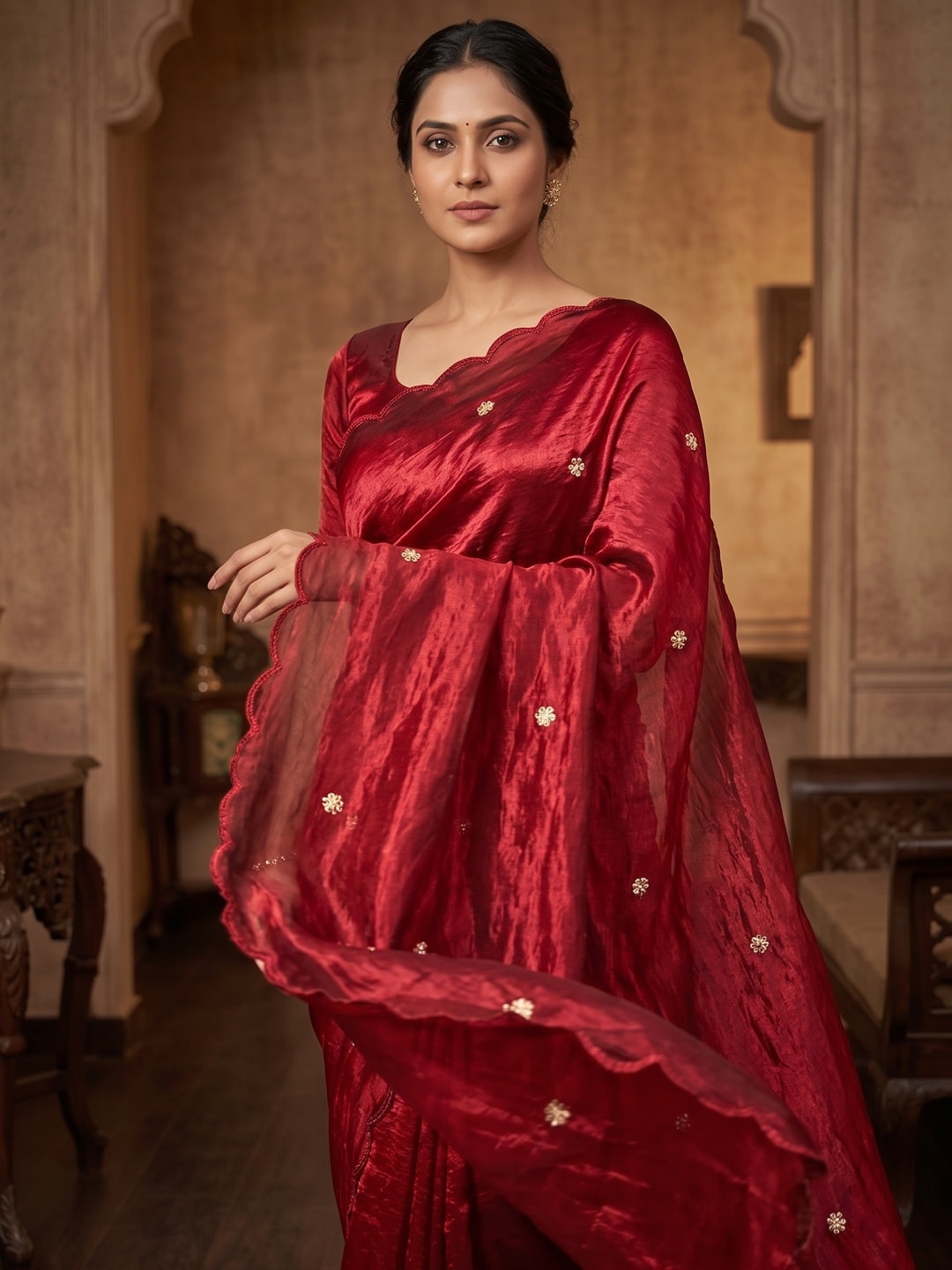 Peachmode Red Fendy Satin Saree With Beads Work - Image 3