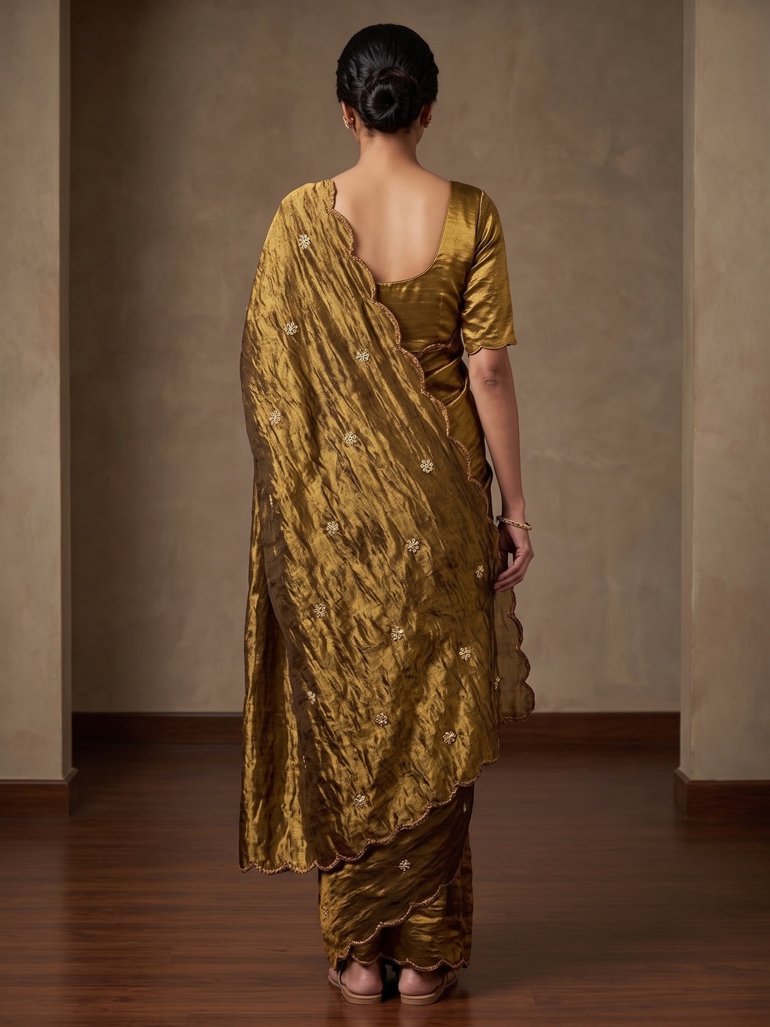 Peachmode Gold Fendy Satin Saree With Beads Work - Image 2