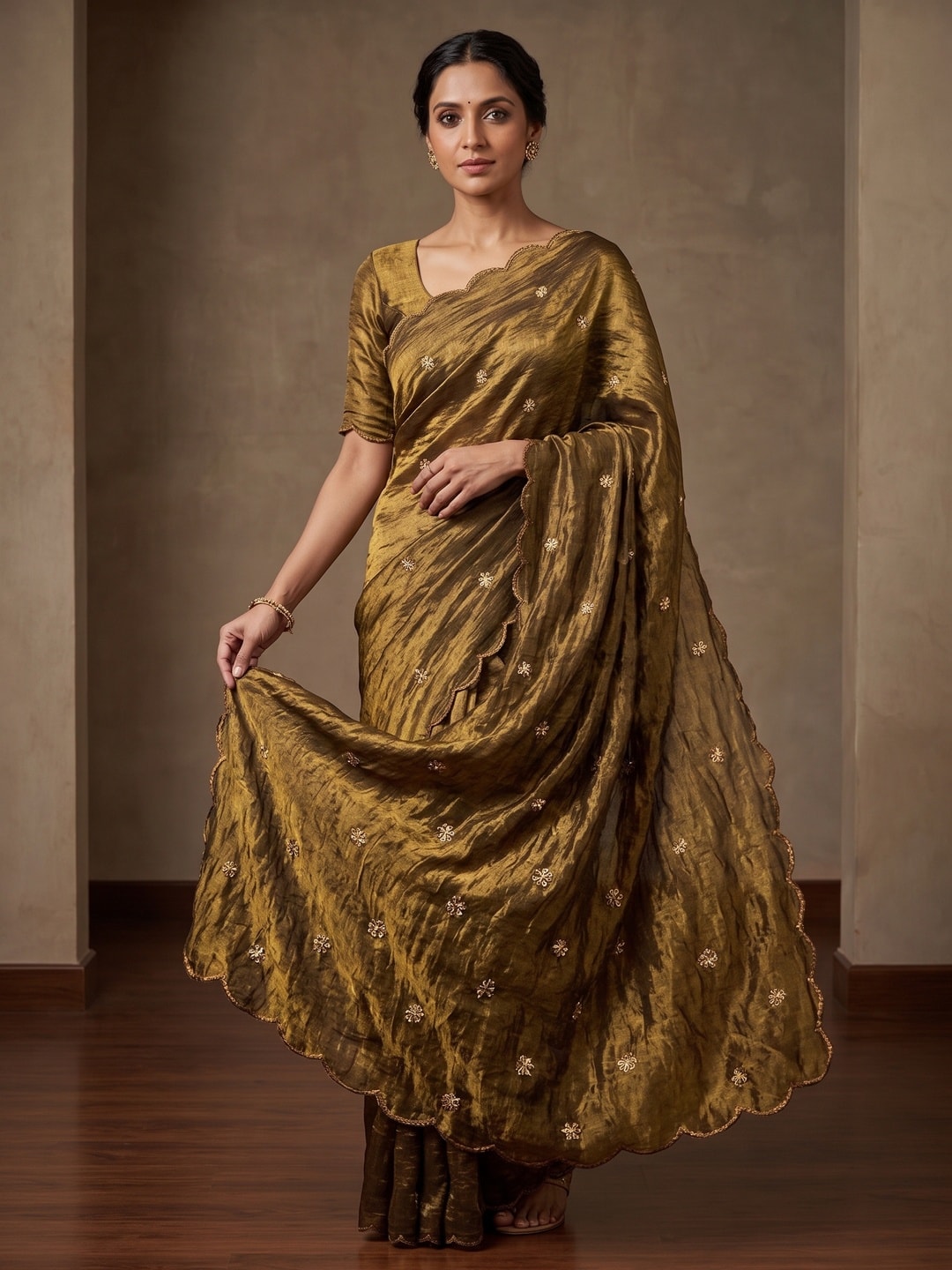Peachmode Gold Fendy Satin Saree With Beads Work - Image 3