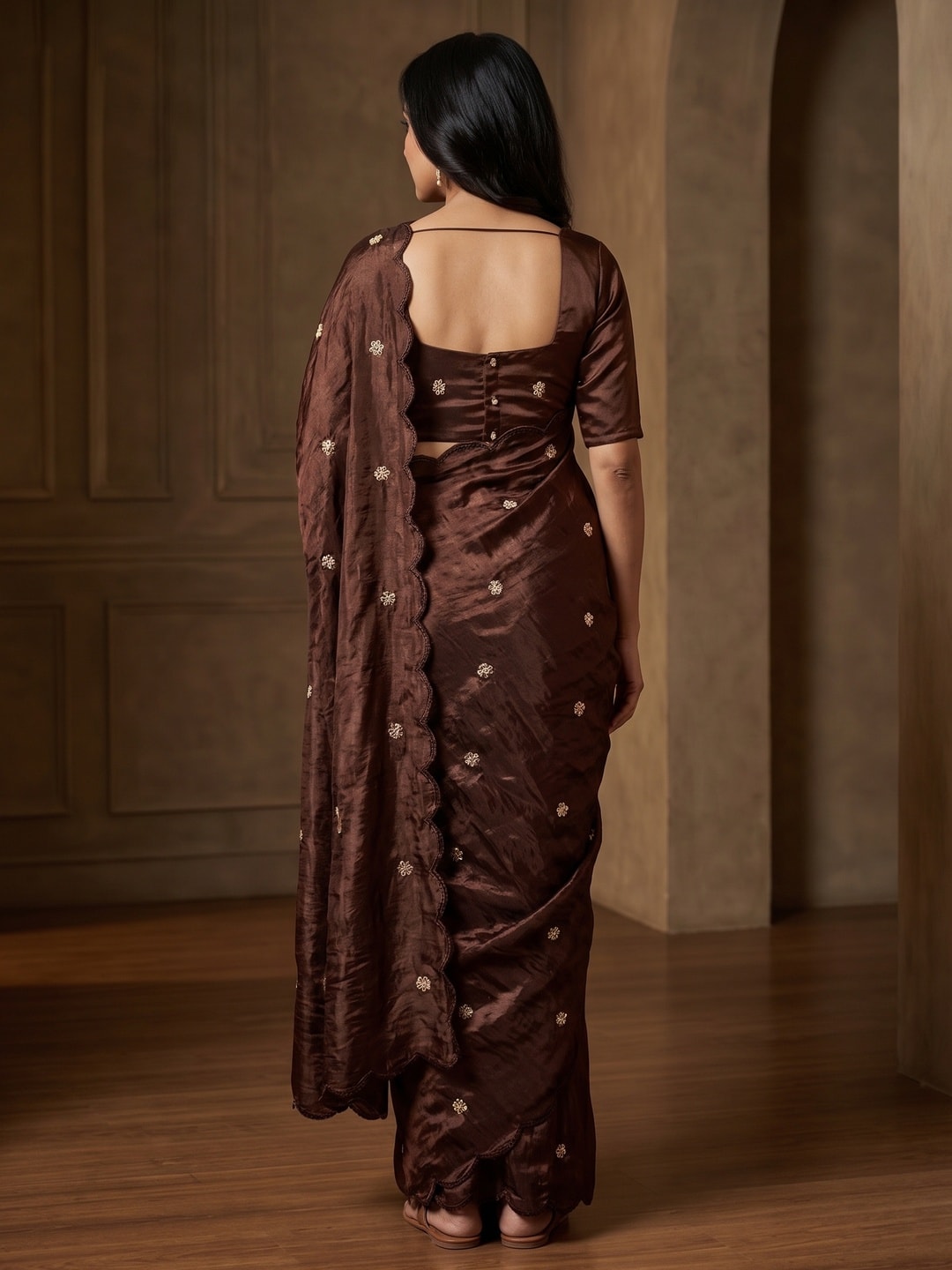 Peachmode Brown Fendy Satin Saree With Beads Work - Image 2