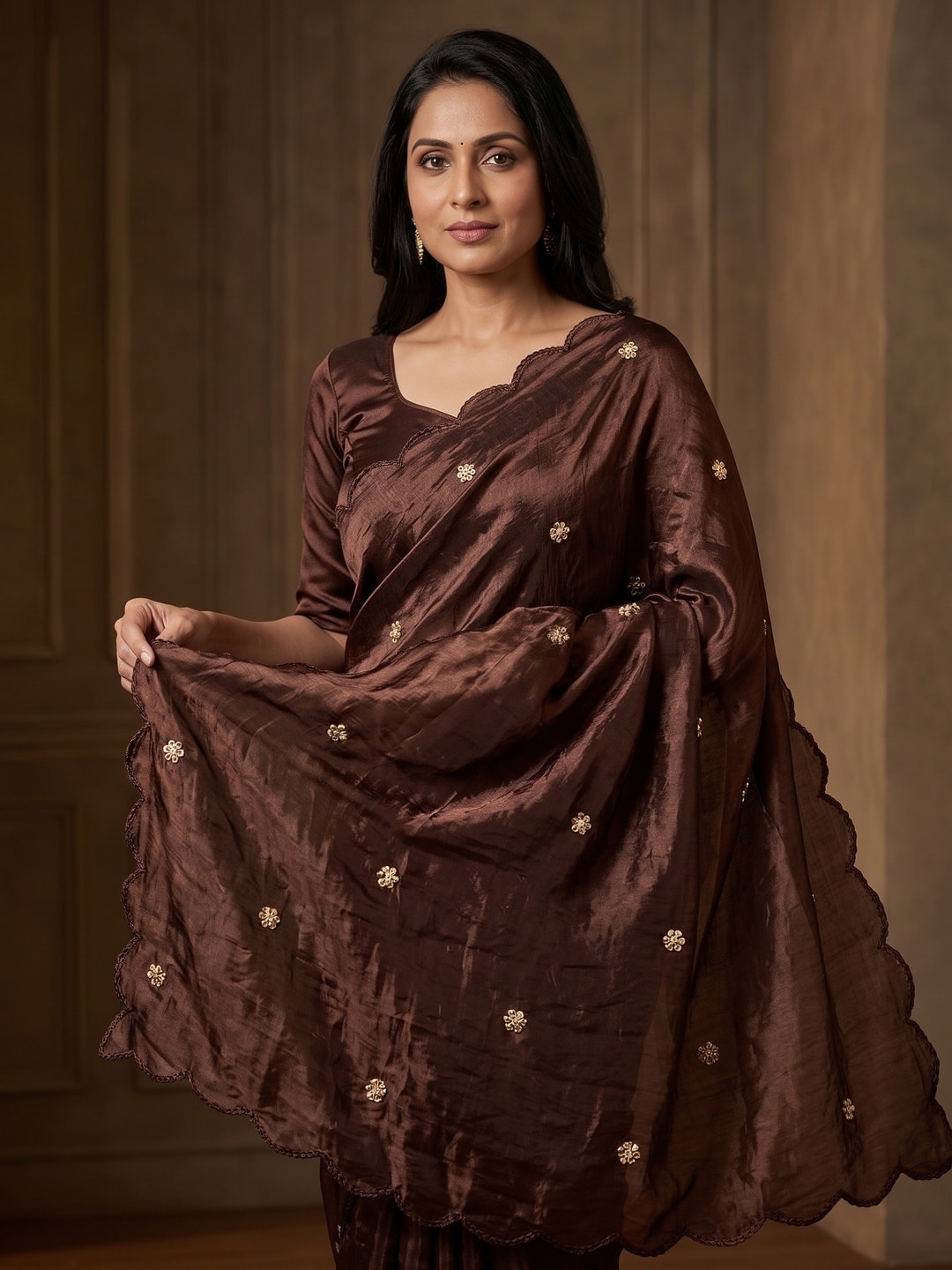 Peachmode Brown Fendy Satin Saree With Beads Work - Image 3