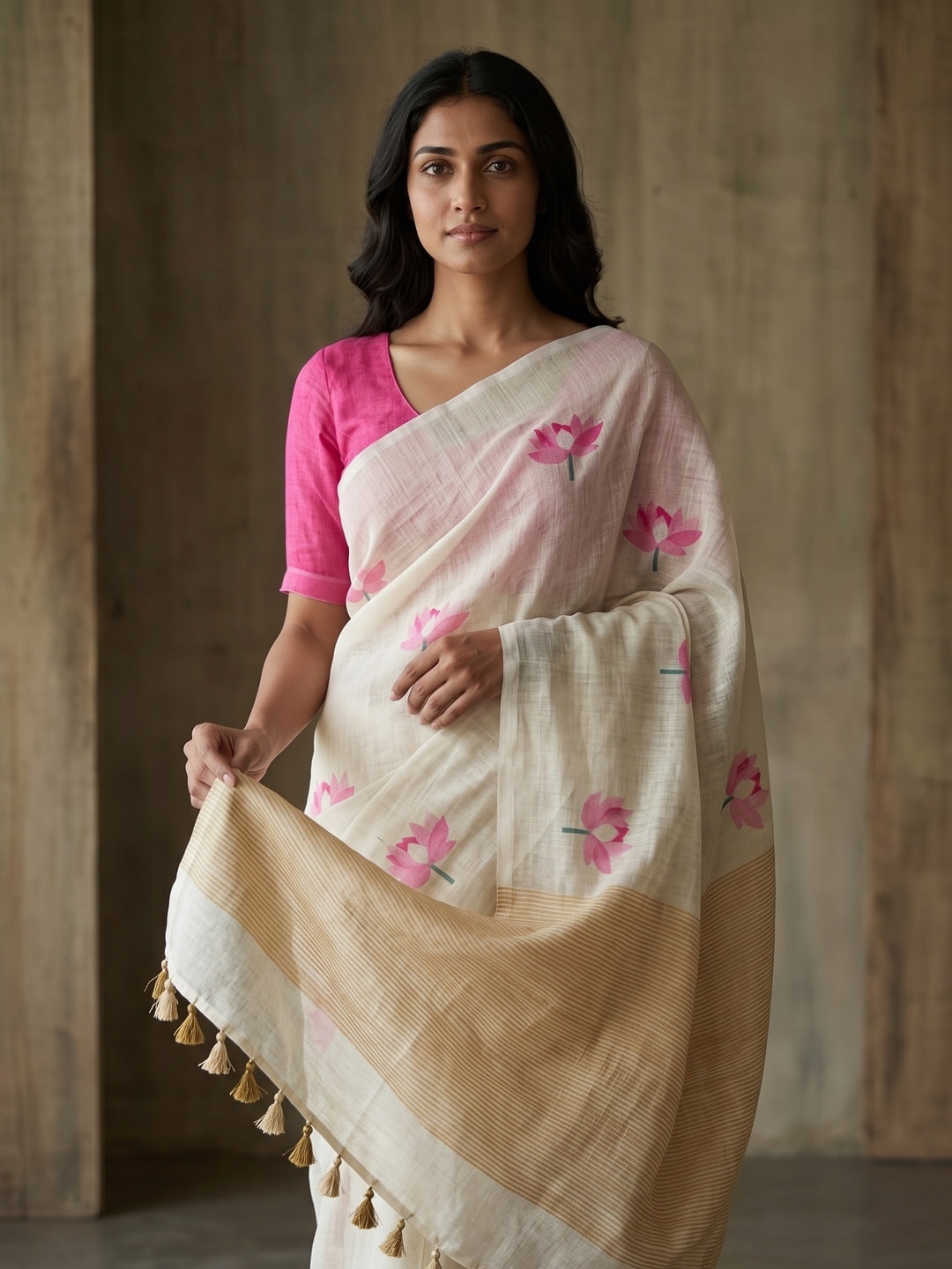 Peachmode Offwhite Lotus Printed Linen Saree - Image 3