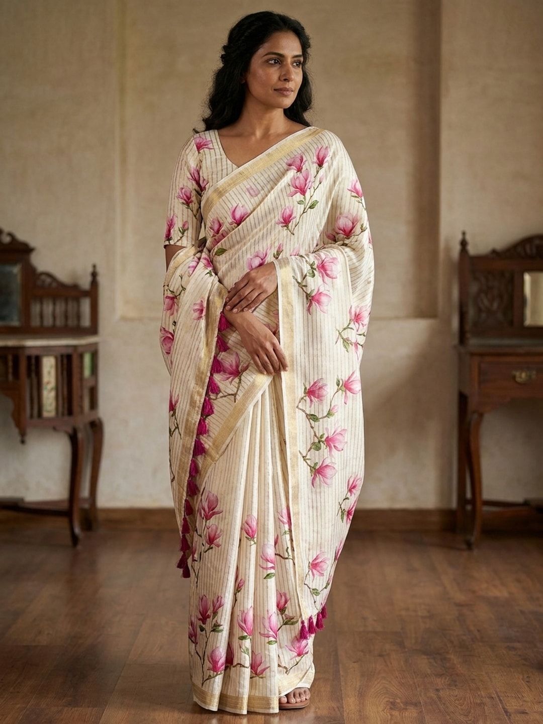 Peachmode Offwhite Floral Printed Art Silk Saree - Image 1