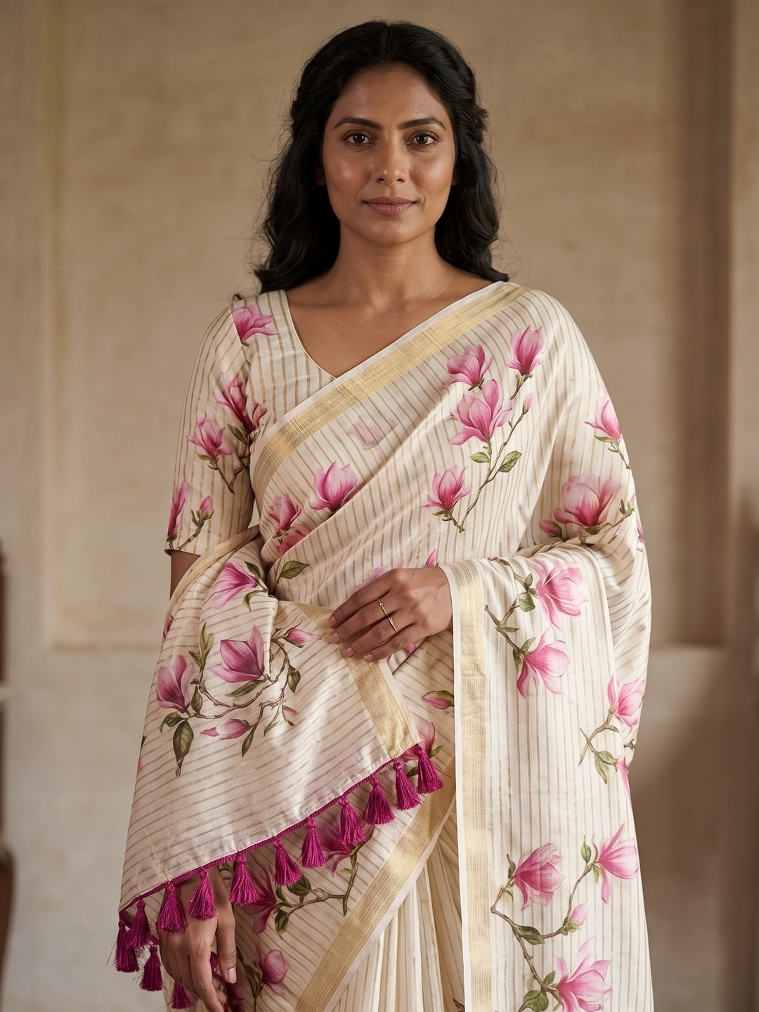 Peachmode Offwhite Floral Printed Art Silk Saree - Image 2