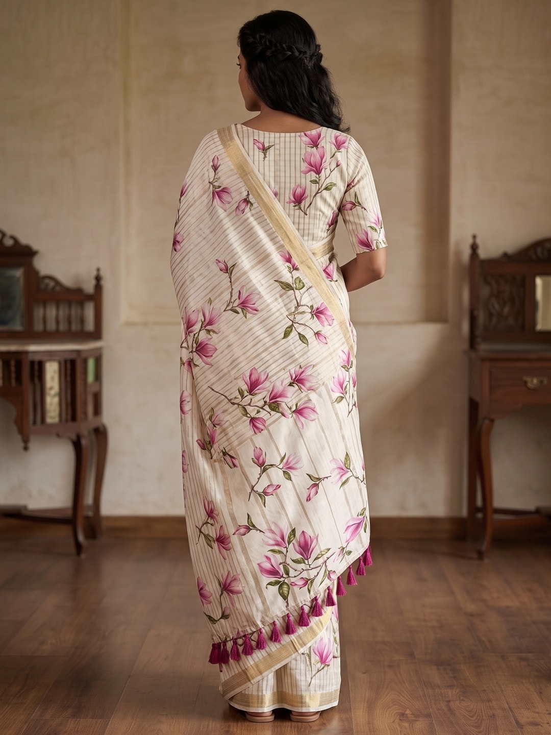 Peachmode Offwhite Floral Printed Art Silk Saree - Image 3