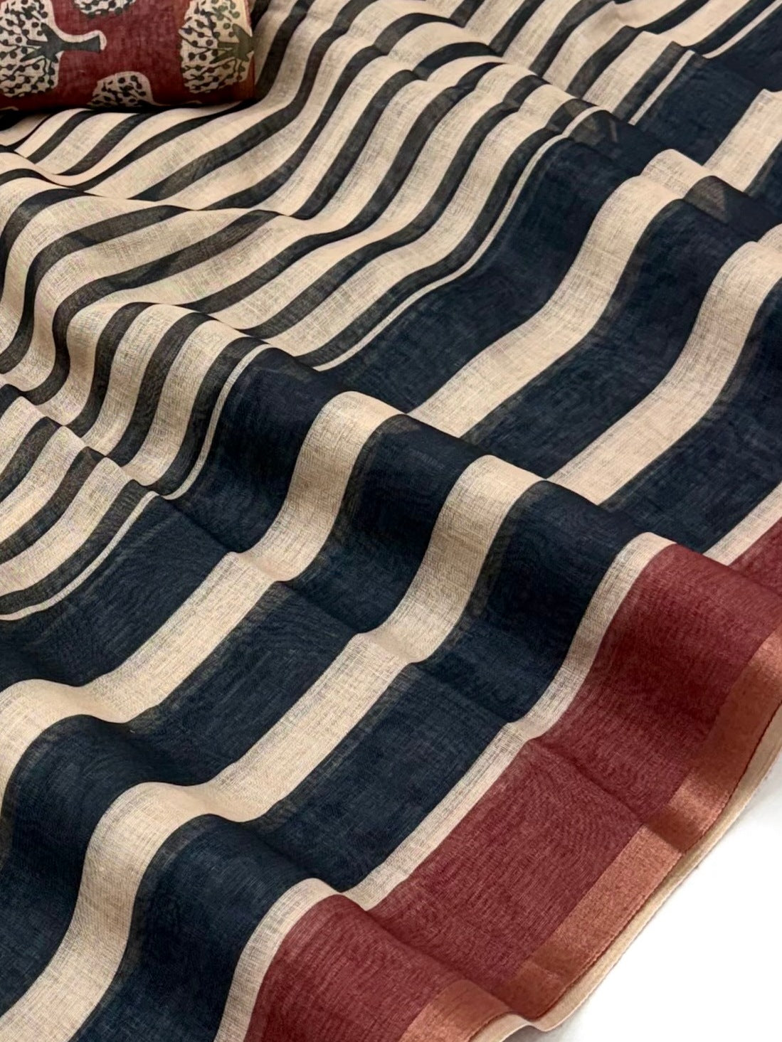 Peachmode Navy Blue Striped Linen Saree With Zari Border - Image 4