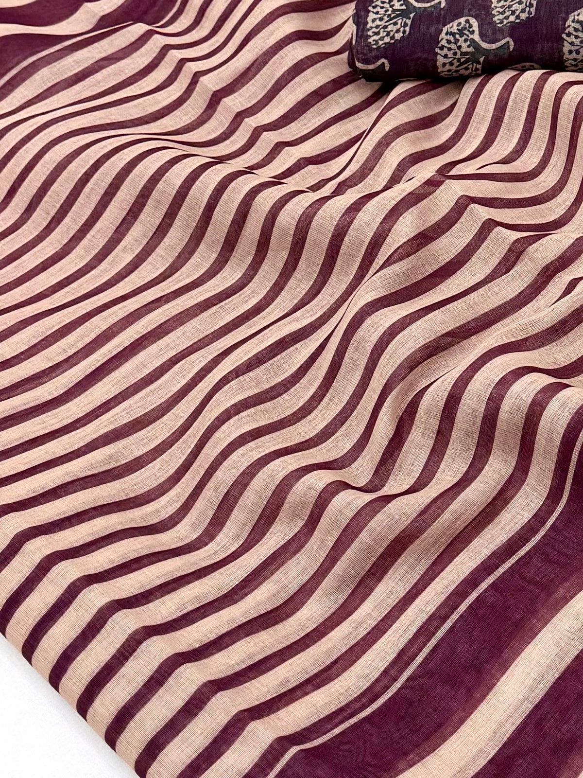 Peachmode Wine Striped Linen Saree With Zari Border - Image 5