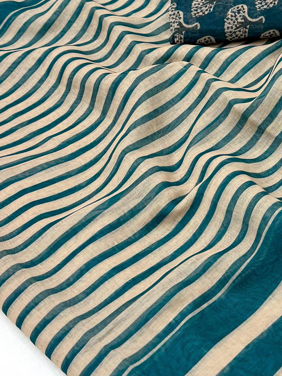 Peachmode Teal Striped Linen Saree With Zari Border - Image 5