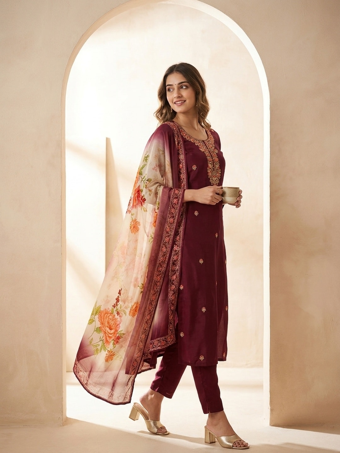 Peachmode Maroon Muslin Embroidered Yoke Salwar Suit With Floral Print Dupatta - Image 2