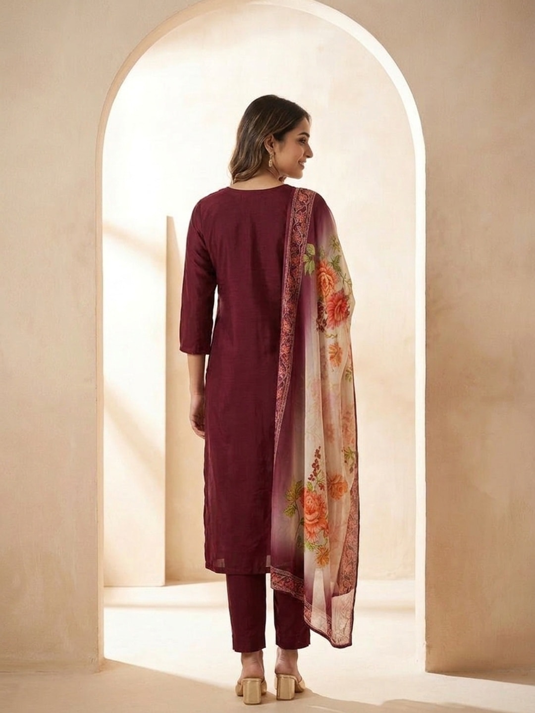 Peachmode Maroon Muslin Embroidered Yoke Salwar Suit With Floral Print Dupatta - Image 4