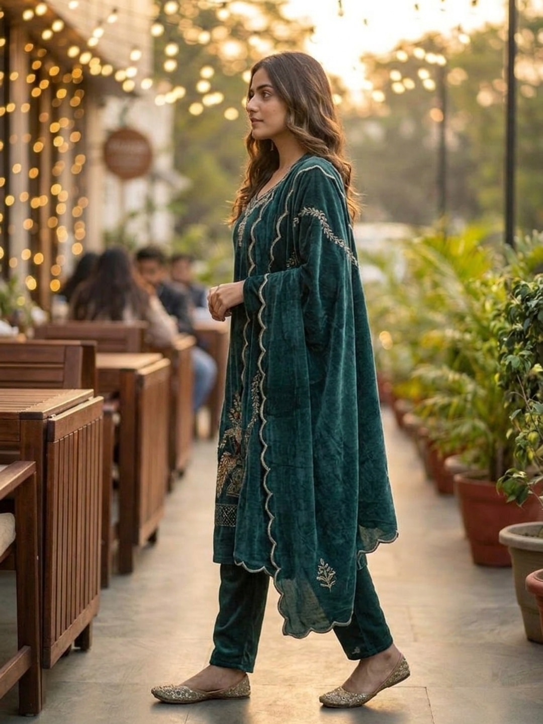 Peachmode Teal Embroidered Velvet Salwar Suit with Dupatta - Image 3