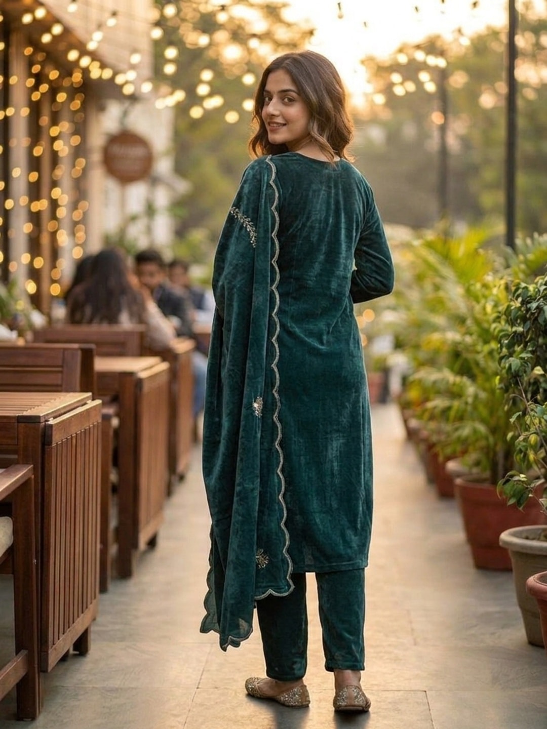Peachmode Teal Embroidered Velvet Salwar Suit with Dupatta - Image 4