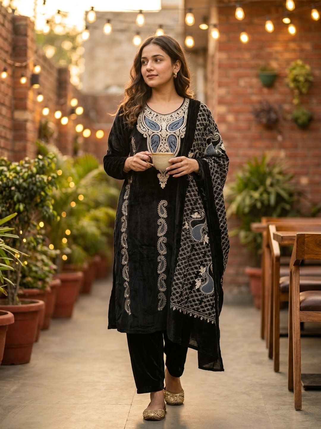 Peachmode Black Paisley Embroidered Velvet Salwar Suit with Dupatta - Image 2