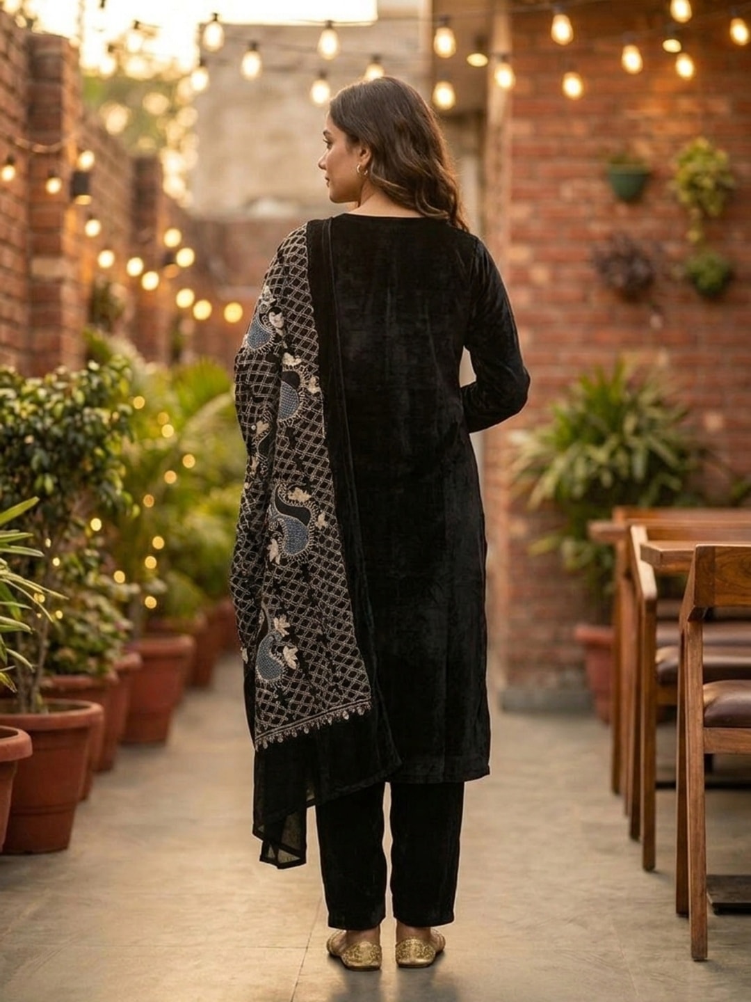 Peachmode Black Paisley Embroidered Velvet Salwar Suit with Dupatta - Image 4