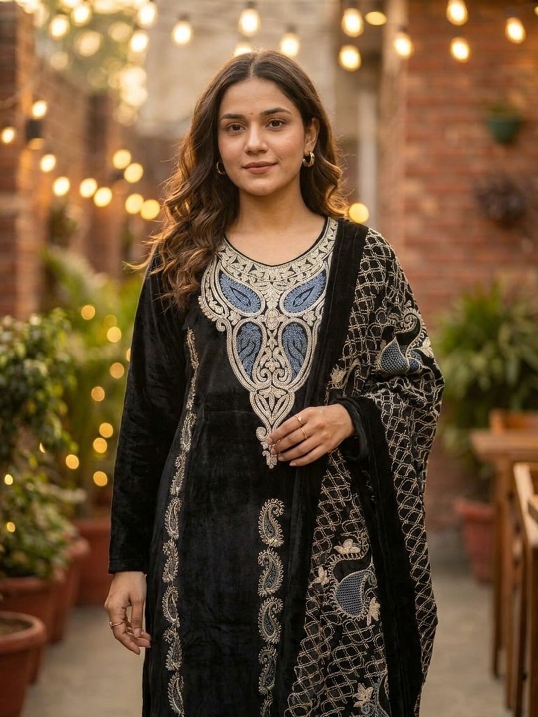 Peachmode Black Paisley Embroidered Velvet Salwar Suit with Dupatta - Image 5
