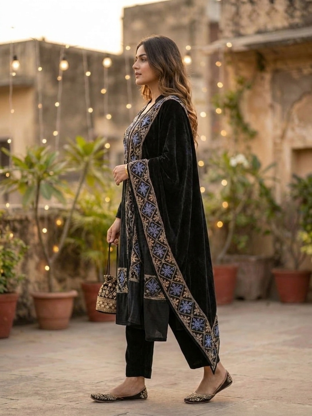 Peachmode Black Snowflake Embroidered Velvet Salwar Suit with Dupatta - Image 3