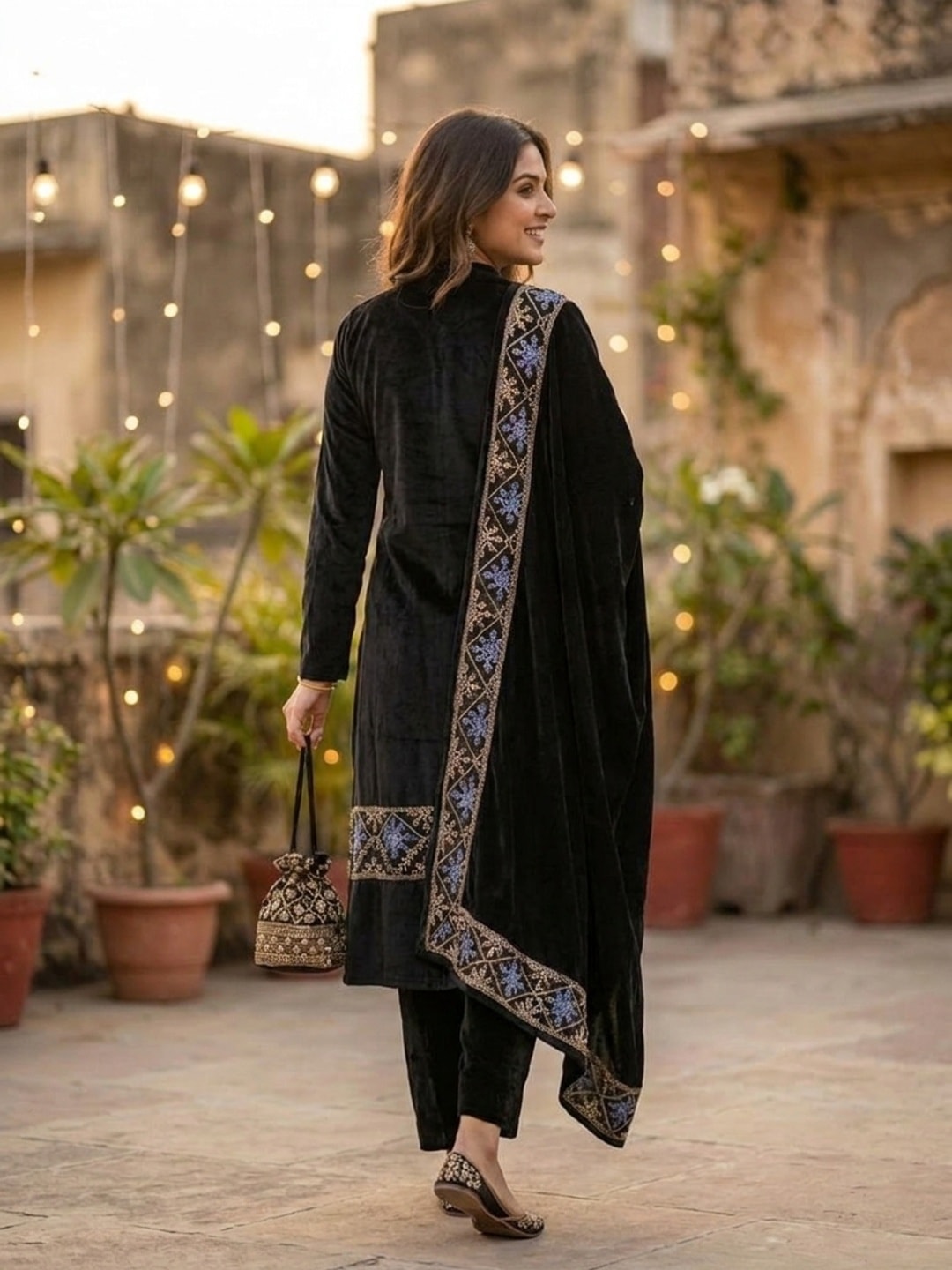 Peachmode Black Snowflake Embroidered Velvet Salwar Suit with Dupatta - Image 4
