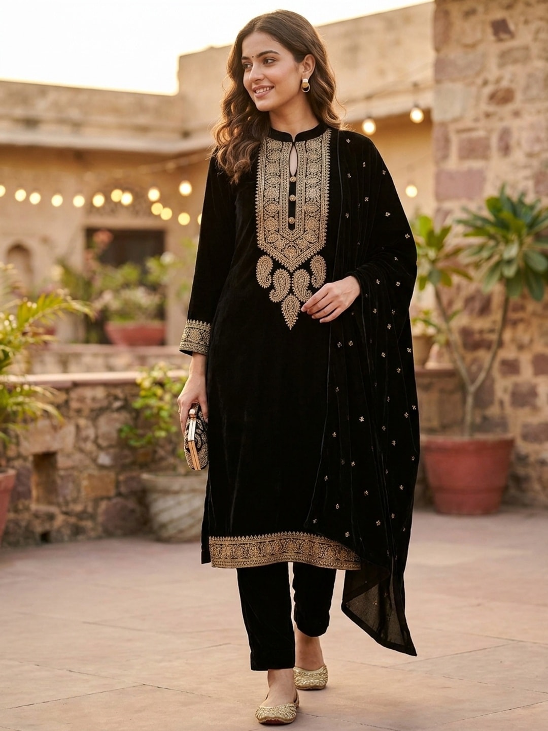 Peachmode Black Embroidered Velvet Salwar Suit with Dupatta - Image 2