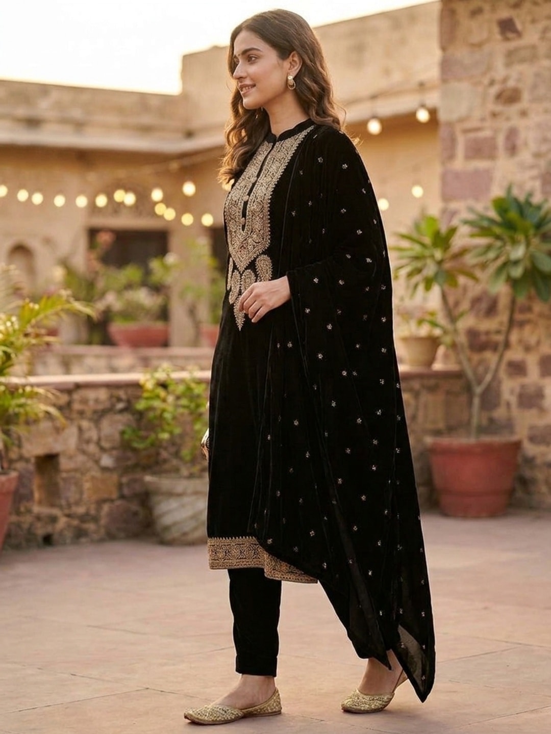 Peachmode Black Embroidered Velvet Salwar Suit with Dupatta - Image 3
