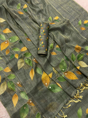 Peachmode Olive Green Digital Printed Erod Silk Saree - Image 2
