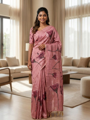 Peachmode Pink Digital Printed Erod Silk Saree - Image 1