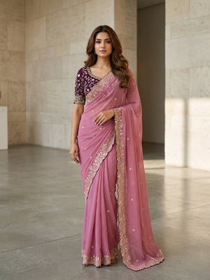 Peachmode Pink Embroidered Georgette Saree - Image 1