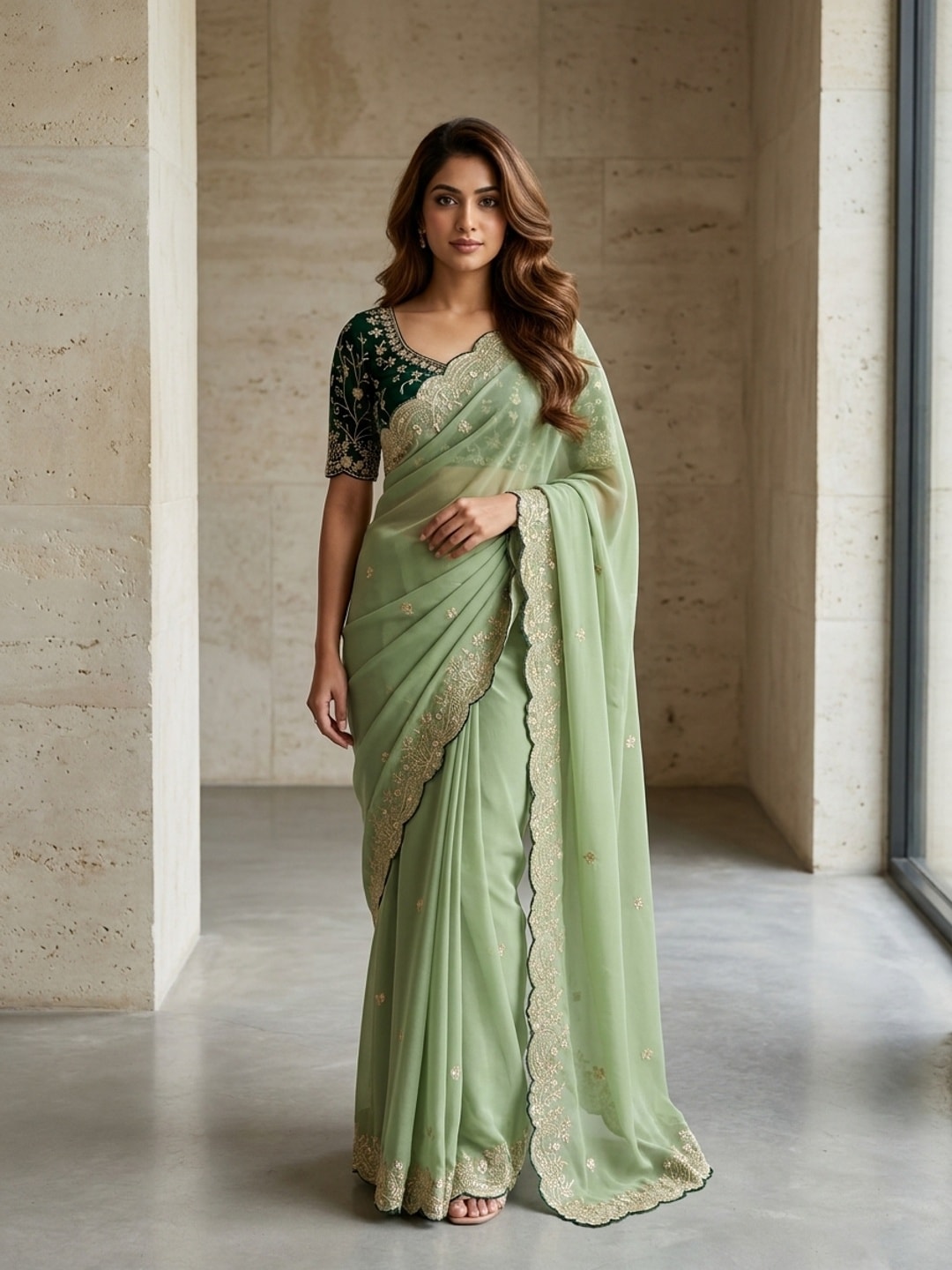 Peachmode Pista Green Embroidered Georgette Saree - Image 1