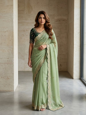 Peachmode Pista Green Embroidered Georgette Saree - Image 1